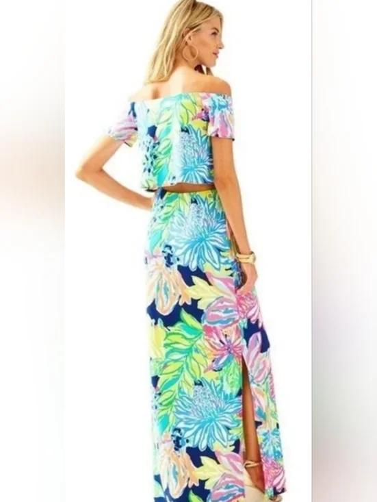 Lilly Pulitzer Blue Multi Tropical Floral Off-Shoulder Maxi Skirt Set - Picture 2 of 6